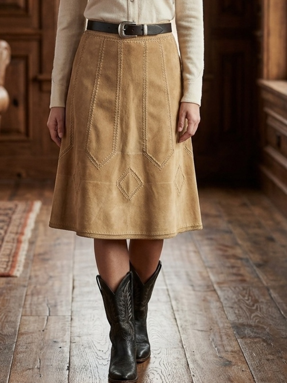 Vintage Young East‎ Western Classic Tan Suede A-Line Skirt Size 13/14